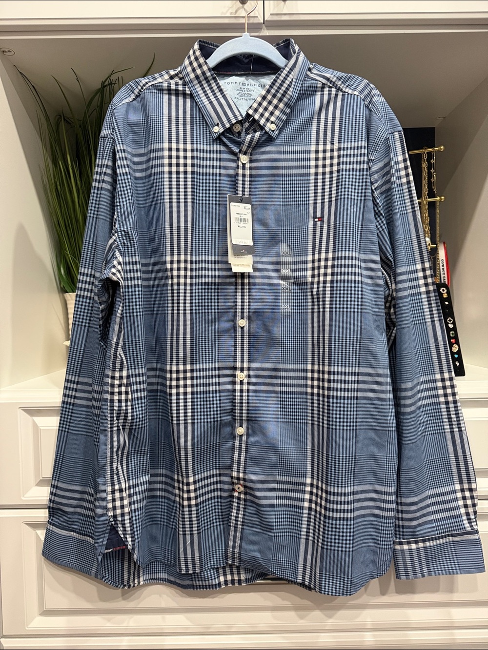 Tommy Hilfiger Men's Blue and White Plaid Button-Down Shirt SZ XXL